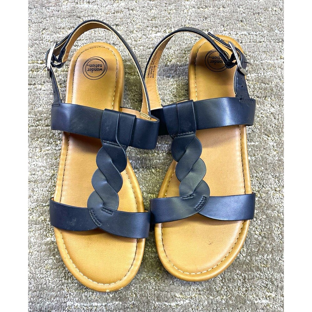 Wonder Nation girls black Strappy Sandals Adjustable Buckle Ankle Strap  size 4